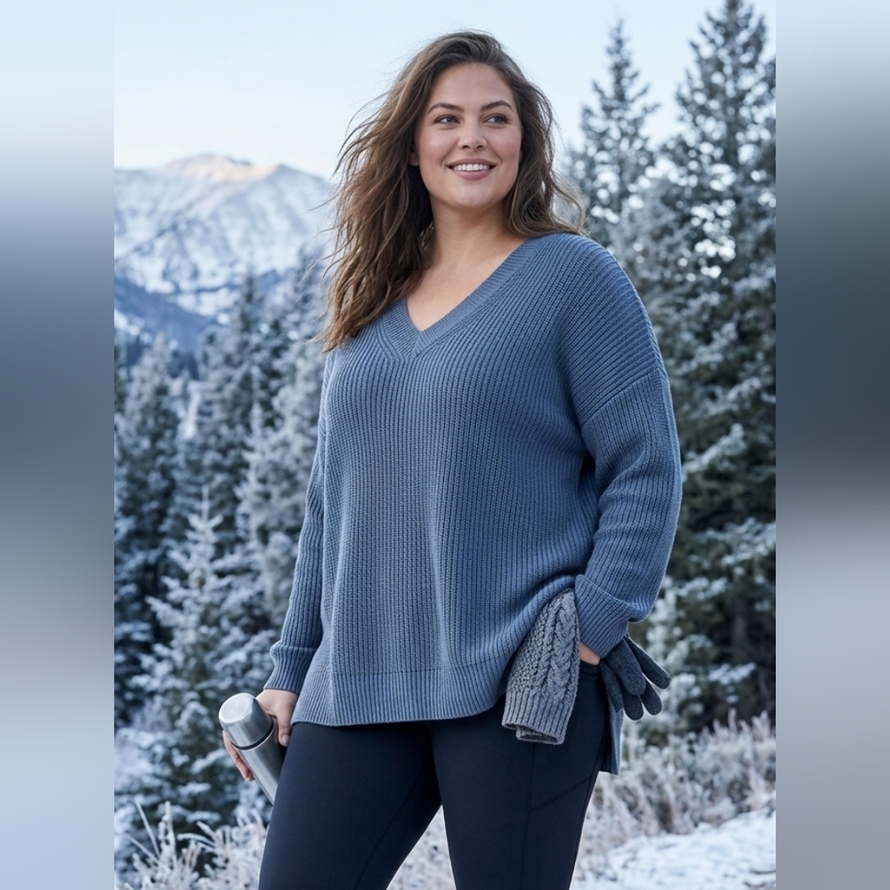 J. Jill Thick Grey blue v neck knit sweater Knit Viscose Nylon Cotton